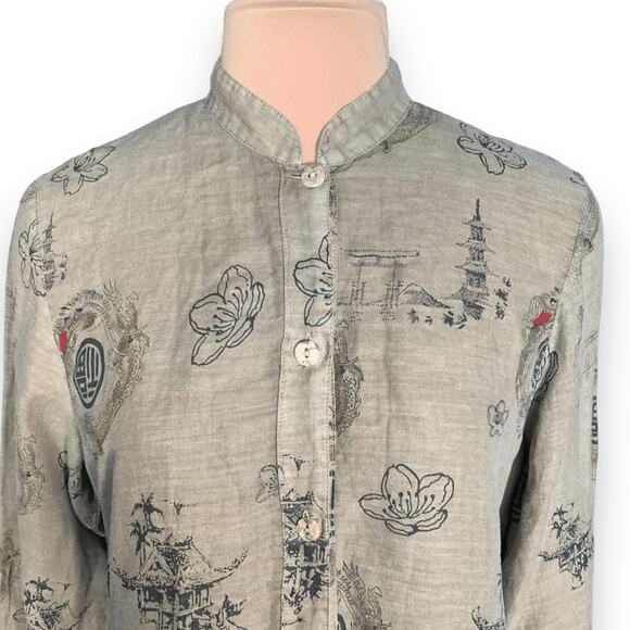 Vintage 90s Citron Santa Monica Linen Tunic Dragon Print Beige Red Asian Top - Picture 5 of 11